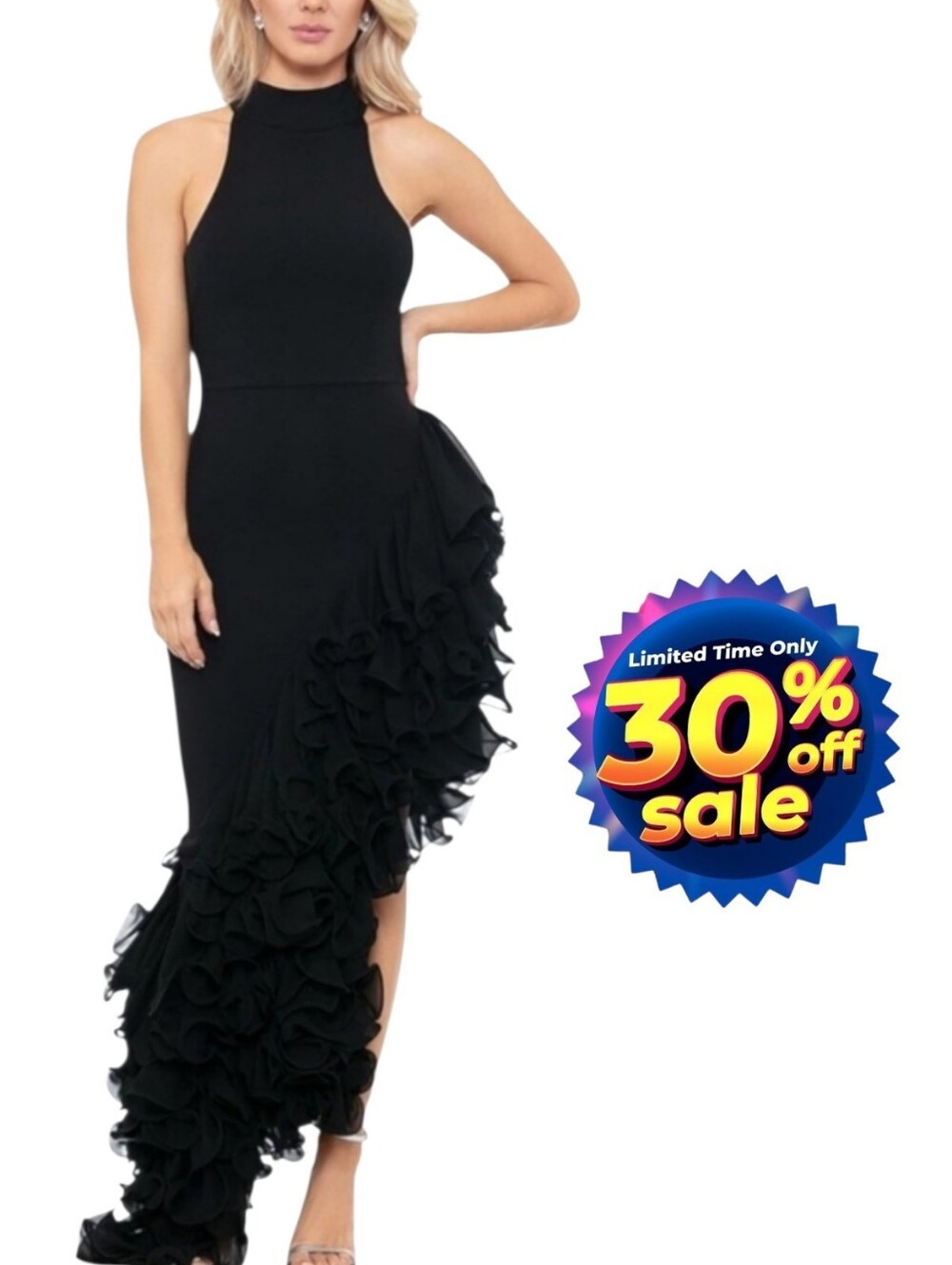 NWT Betsy & Adam MONA Black Ruffle Asymmetric Mock Neck Ponte Gown sz 4